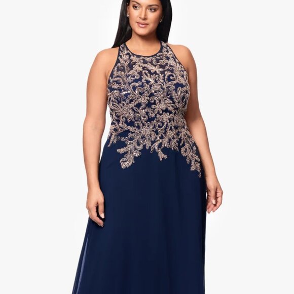 Betsy & Adam Embroidered Gown Navy/Rose Plus Size 16W - Picture 1 of 5